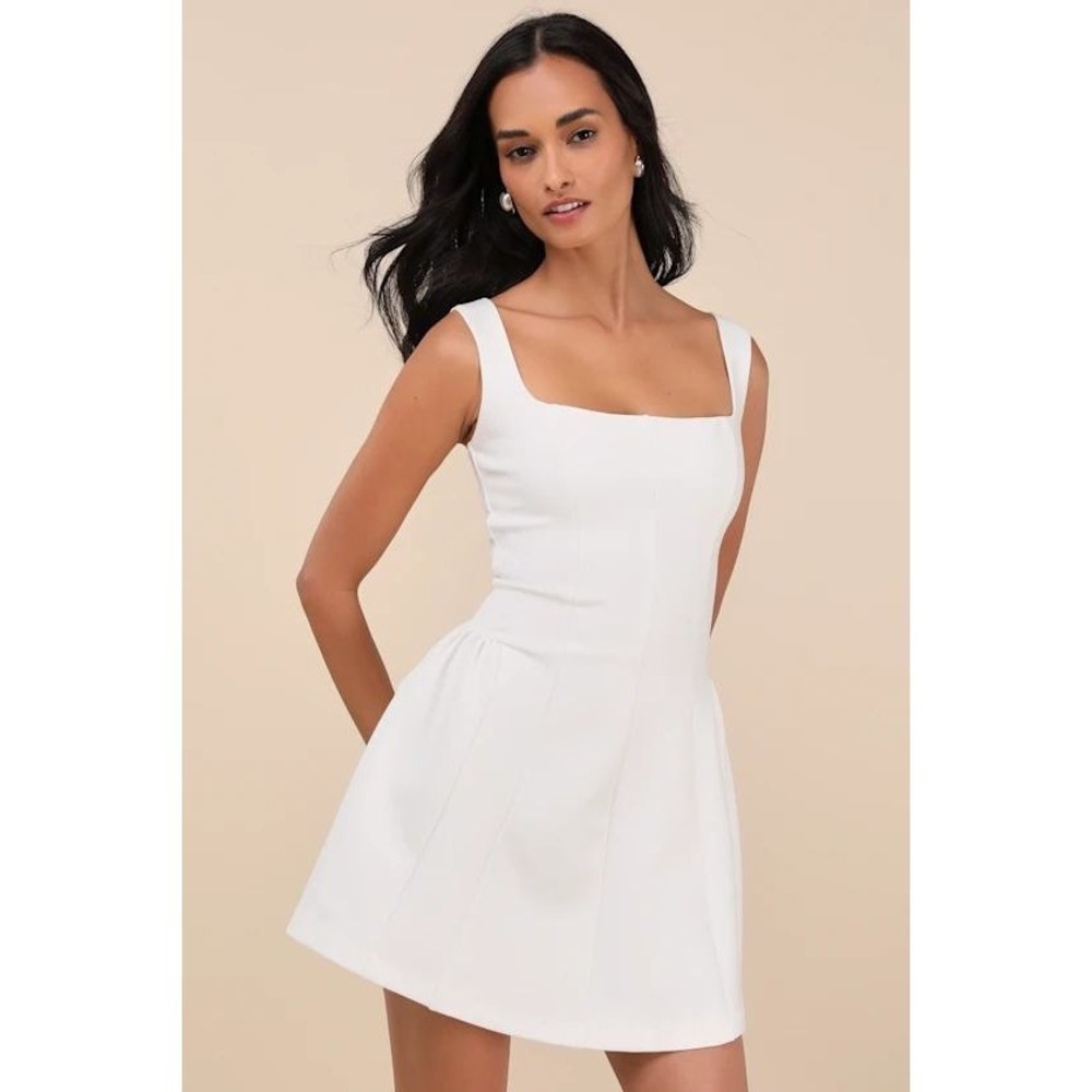 NWT Lulus Roetta White Sleeveless Pleated Mini Dress Square Neck Fit & Flare MD